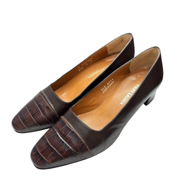 VTG Ralph Lauren Womens Brown Croc Embossed Block Heel Pump Size 7 Made in Spain - Picture 10 of 13